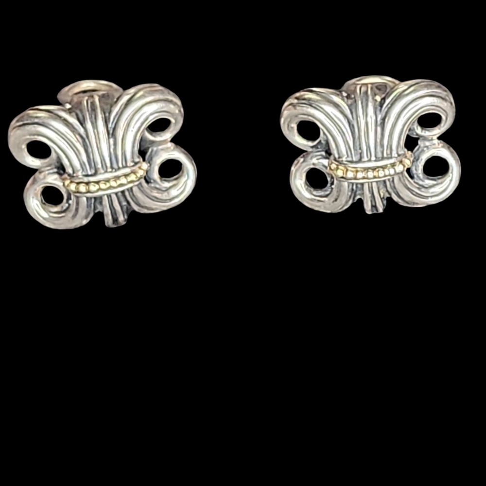 Lagos Sterling Silver 18K Yellow Gold Caviar Wheat Scroll Clip On Earrings - Picture 7 of 9